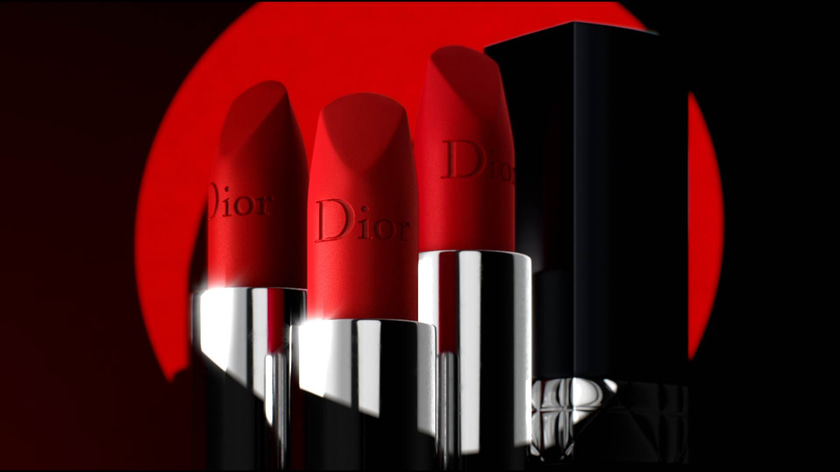 3D render of Dior Rouge Lipsticks under a light projector