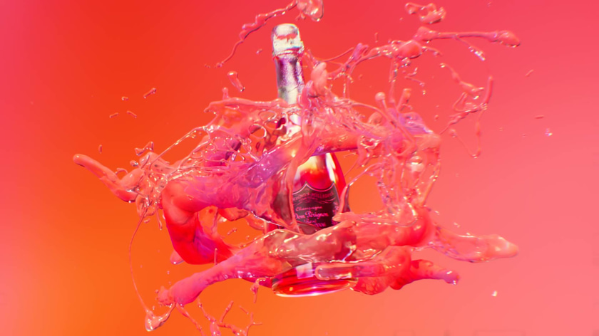 3D liquid simulation of abstract champagne flowing around a colorful bottle