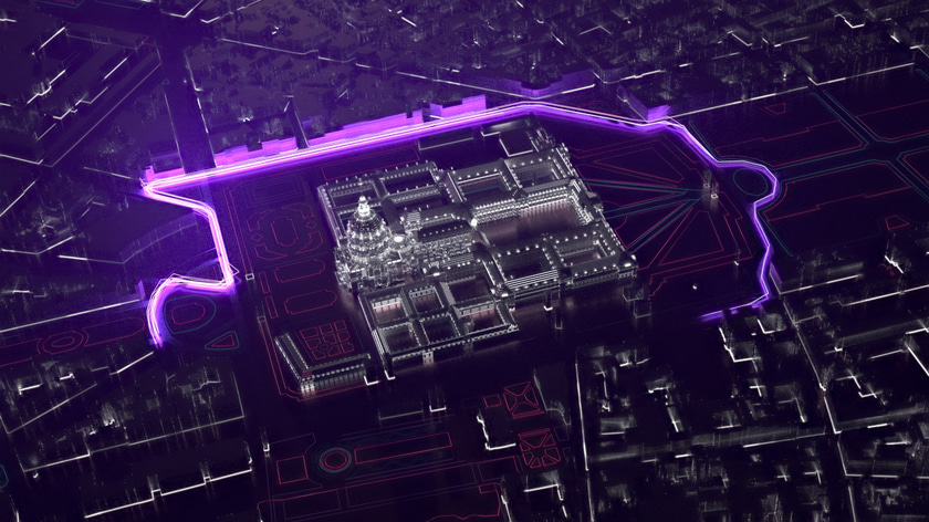 Sci-fi version of Paris with 3D glowing particles lines