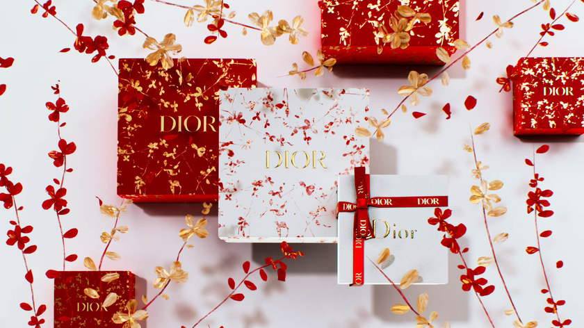 Chinese New Year 3D visual with a Dior boxes and golden flowers