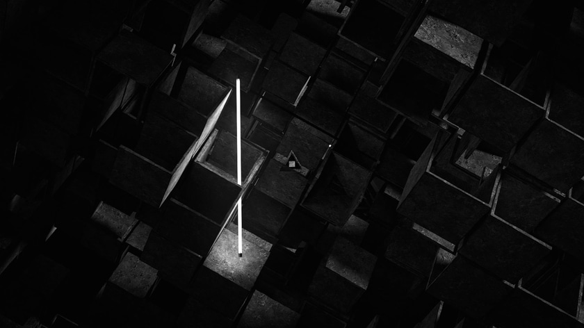 Neon lights in an abstract 3D scene made of dark concrete cubes