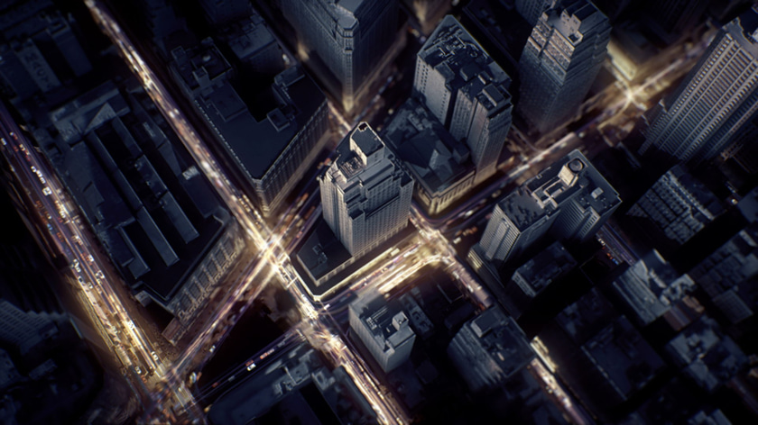 Aerial shot of NYC with luminous particles flowing in the streets