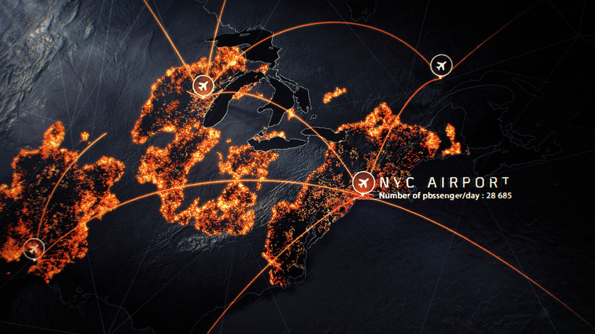 3D simulation of luminous particles spreading over the world for a motion design film