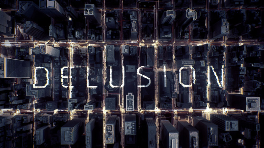 Aerial shot of NYC with luminous particles flow and a text projected with 3D camera mapping