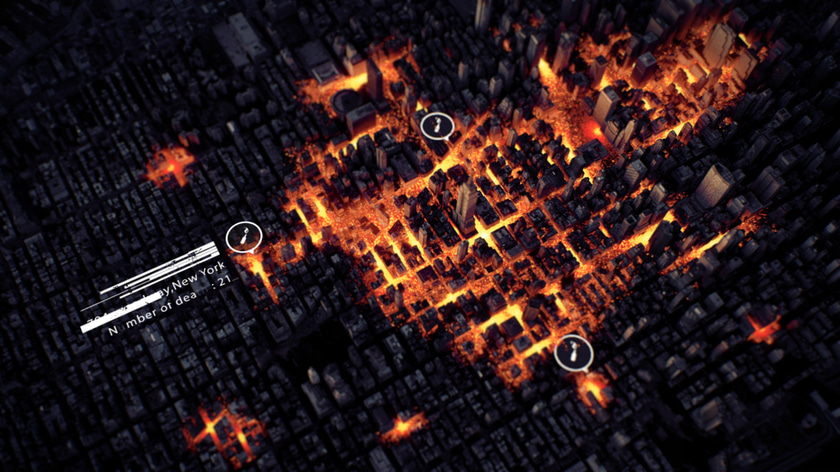 Top Shot of New York with luminous particles simulation spreading into the streets