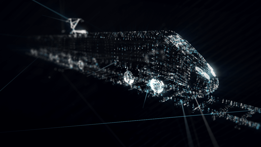 Stylized train made of 3D particles and lines with Plexus and After Effects