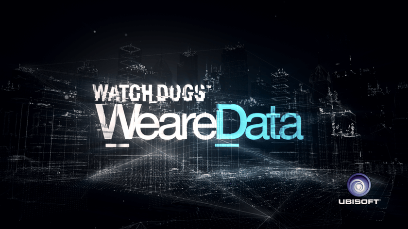 We Are Data logo projected onto a stylized sci-fi city made of particles and glitches