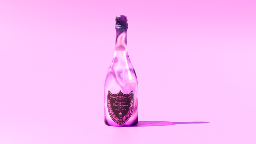 Stylized 3D champagne bottle render with an abstract and luminescent material