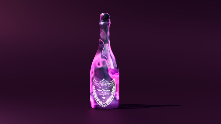 Stylized 3D champagne bottle render with an abstract and luminescent material