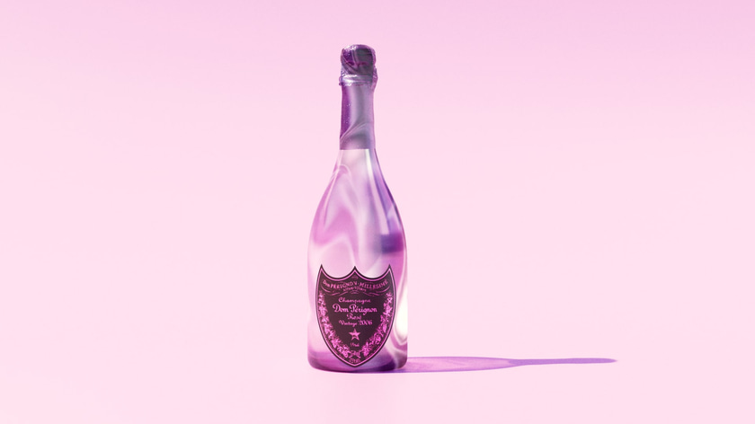 Stylized 3D champagne bottle render with an abstract and luminescent material