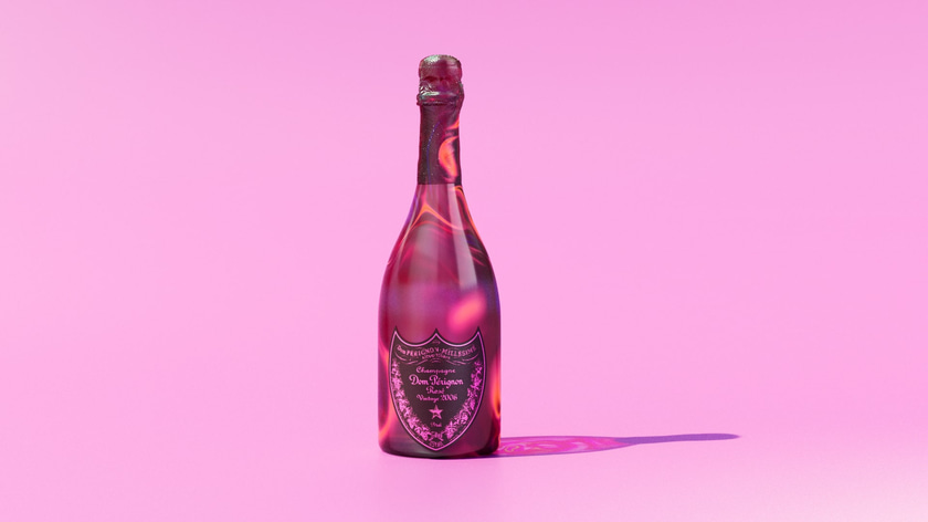 Stylized 3D champagne bottle render with an abstract and luminescent material