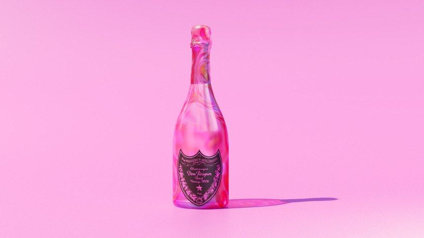 Stylized 3D champagne bottle render with an abstract and luminescent material