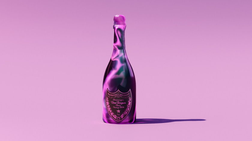 Stylized 3D champagne bottle render with an abstract and luminescent material