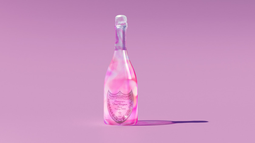 Stylized 3D champagne bottle render with an abstract and luminescent material