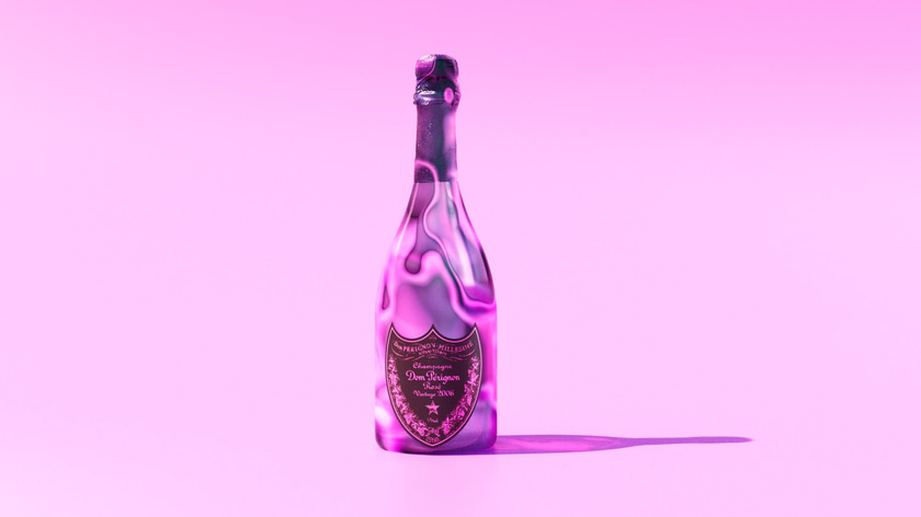Stylized 3D champagne bottle render with an abstract and luminescent material